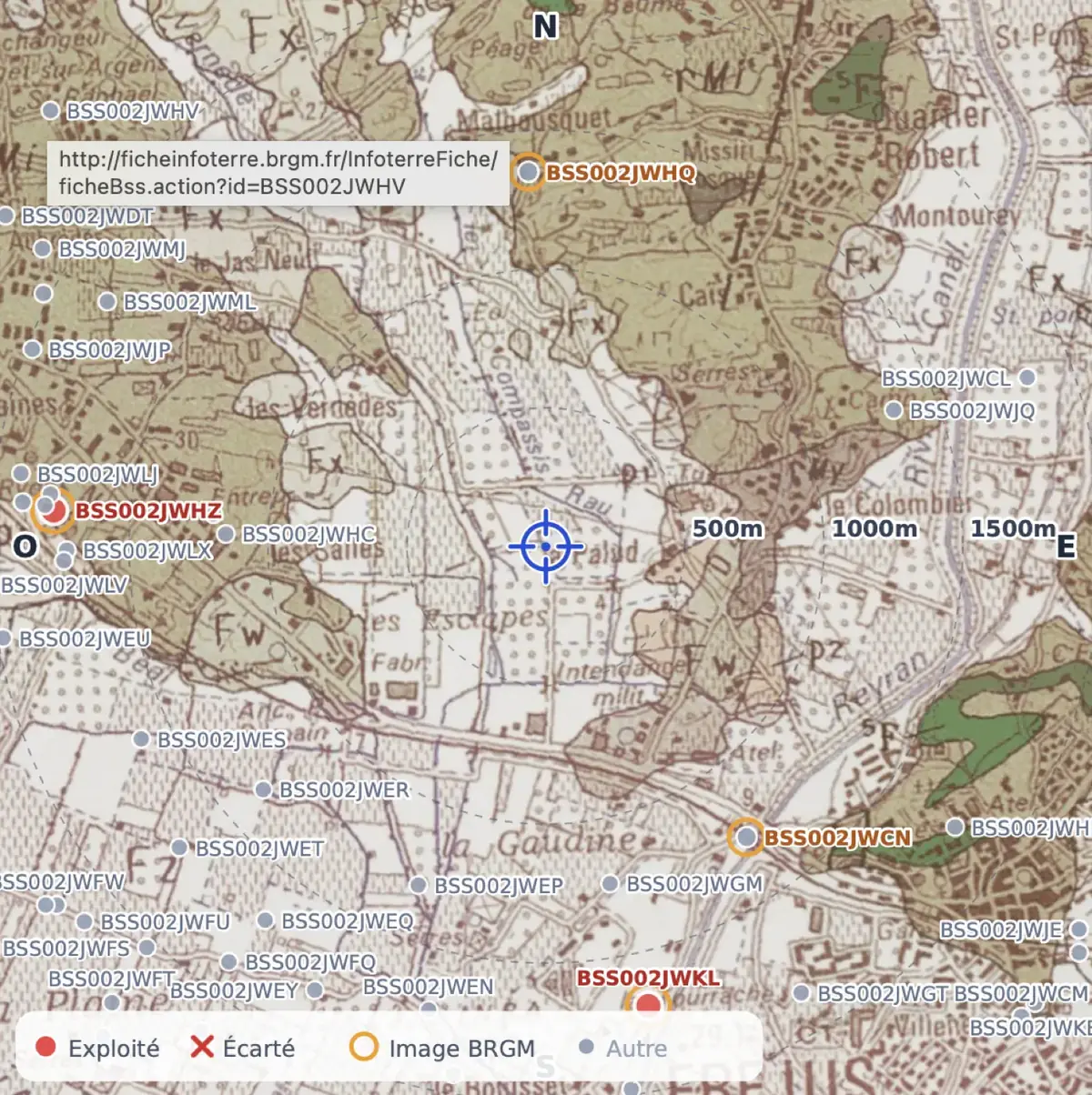 Carte géologique BD Charm-50 avec sondages BSS du BRGM autour d'un site dans myEnneade